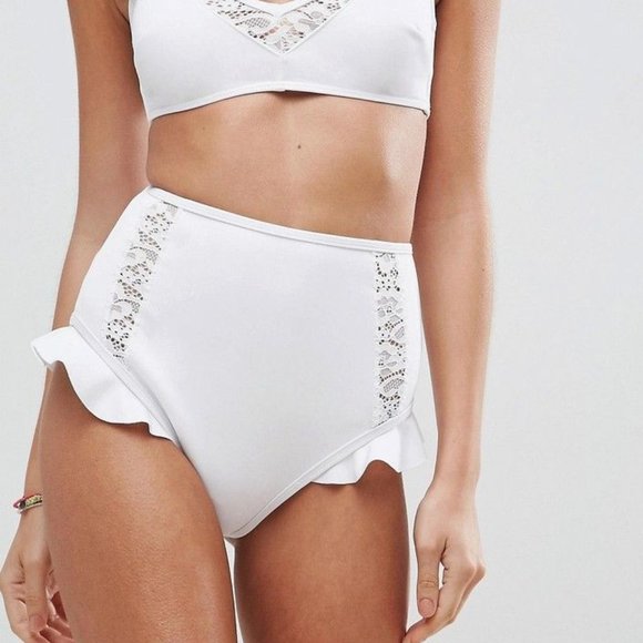 ASOS Lace Neoprene Frill Sweetheart Crop Bikini Top & High Waist Bikini Bottom - Picture 5 of 8